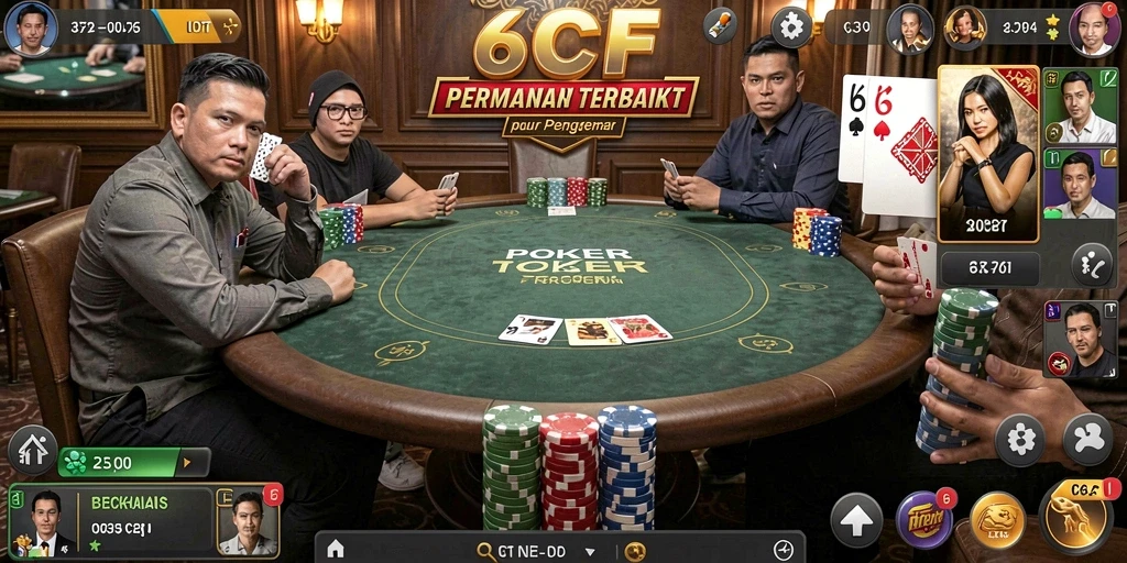 Tampilan gameplay 6CF yang mendebarkan dalam permainan poker.
