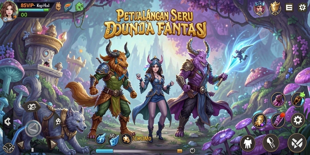Screenshot gameplay menunjukkan petualangan epik di dunia fantasi.
