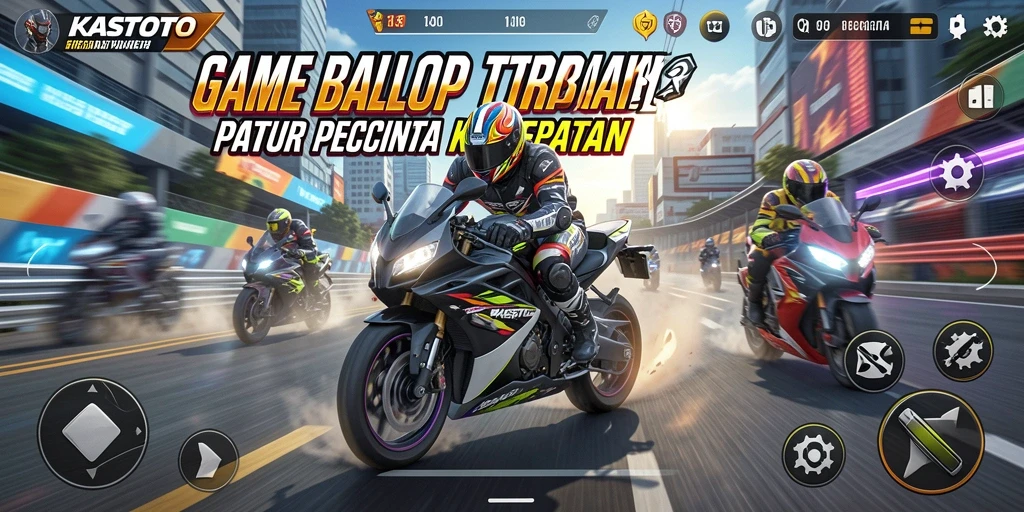 Screenshot gameplay KASTOTO menunjukkan balapan motor yang mendebarkan.