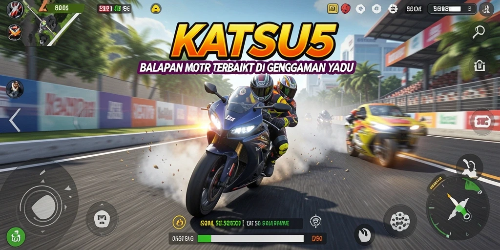 Screenshot utama KATSU5 menampilkan aksi balap motor yang mendebarkan.