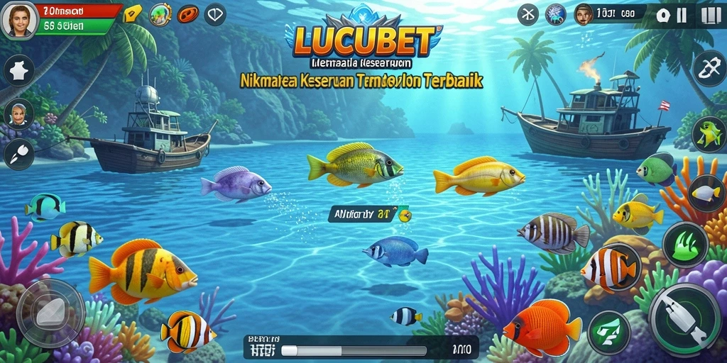Tampilan gameplay seru LUCUBET saat menembak ikan di laut.