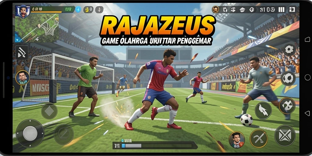 Tangkapan layar RAJAZEUS menampilkan aksi pertandingan olahraga yang intens.