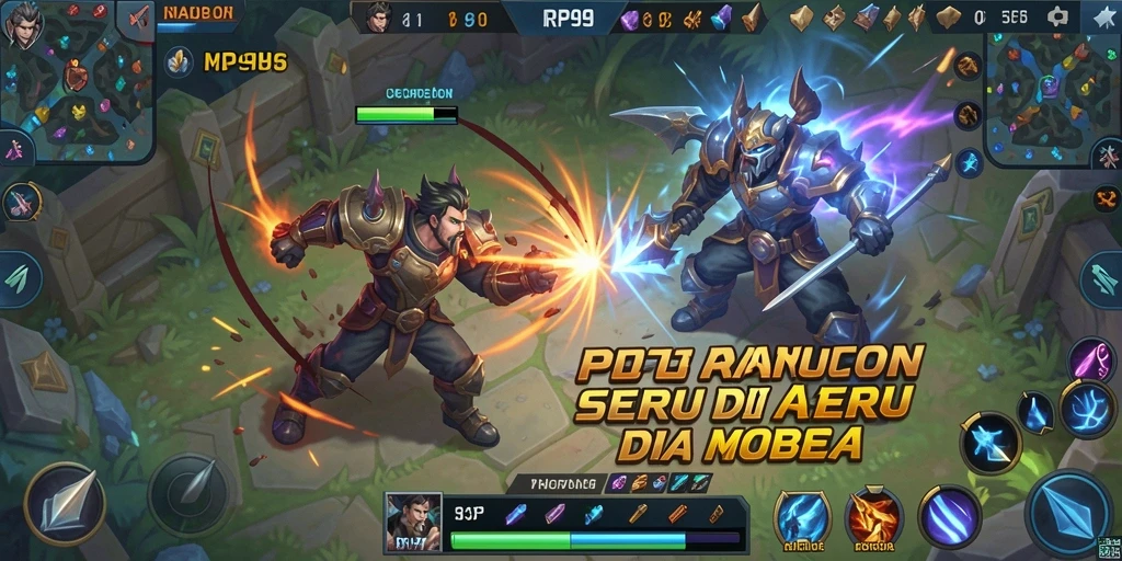 Screenshot utama RP99 menunjukkan momen seru dalam pertarungan MOBA.
