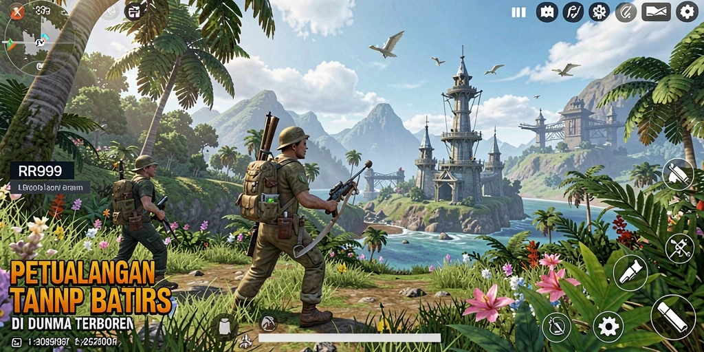 Tangkapan layar gameplay RR999 menampilkan eksplorasi dunia terbuka yang luas.