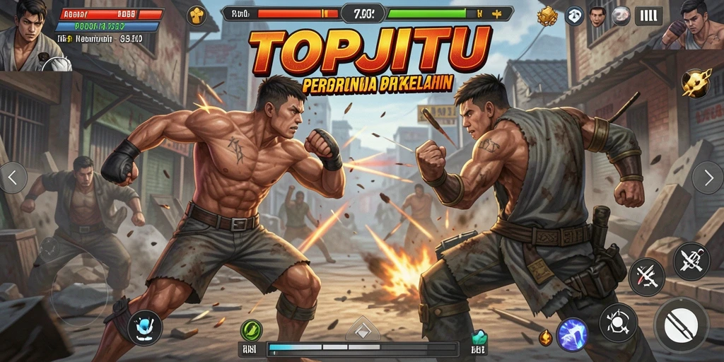 Tangkapan layar menunjukkan aksi pertarungan epik di <strong>TOPJITU</strong>.