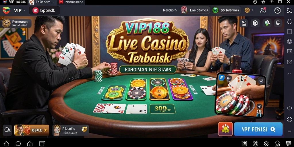 Screenshot gameplay VIP188 menampilkan dealer langsung dan suasana kasino yang mengasyikkan.
